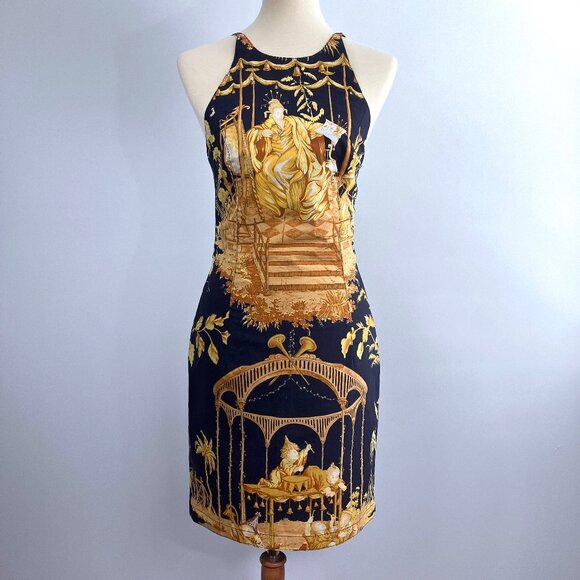Mark E Toile Graphic Art Print Halter Mini Dress Navy Blue Cotton 2 4 Small XS - Picture 1 of 14